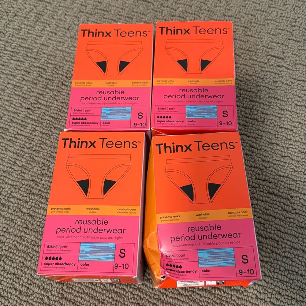 4 pack- Thinx Teens Super Absorbency Cotton Bikini Period Underwear Size 9/10 S,